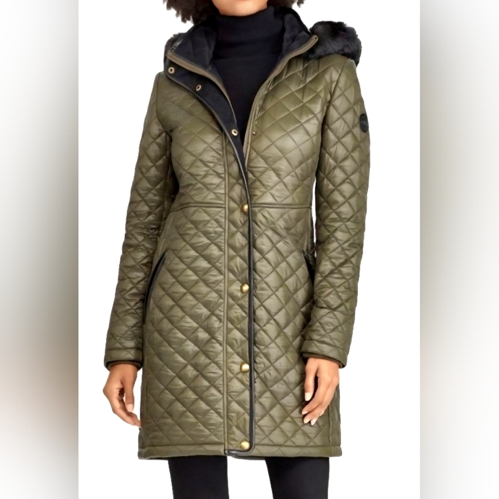 RALPH LAUREN Green Quilted Fur Hooded Jacket Size S